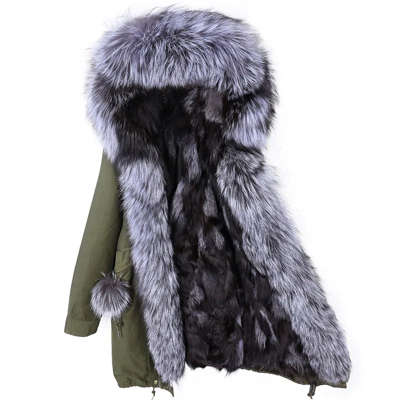 Maomaokong Winter Women's Fur Jacket Long Outdoor Tops Real Fox Fur Collar Inner Fur Lining Parka Natural Silver Fox Women Coat
