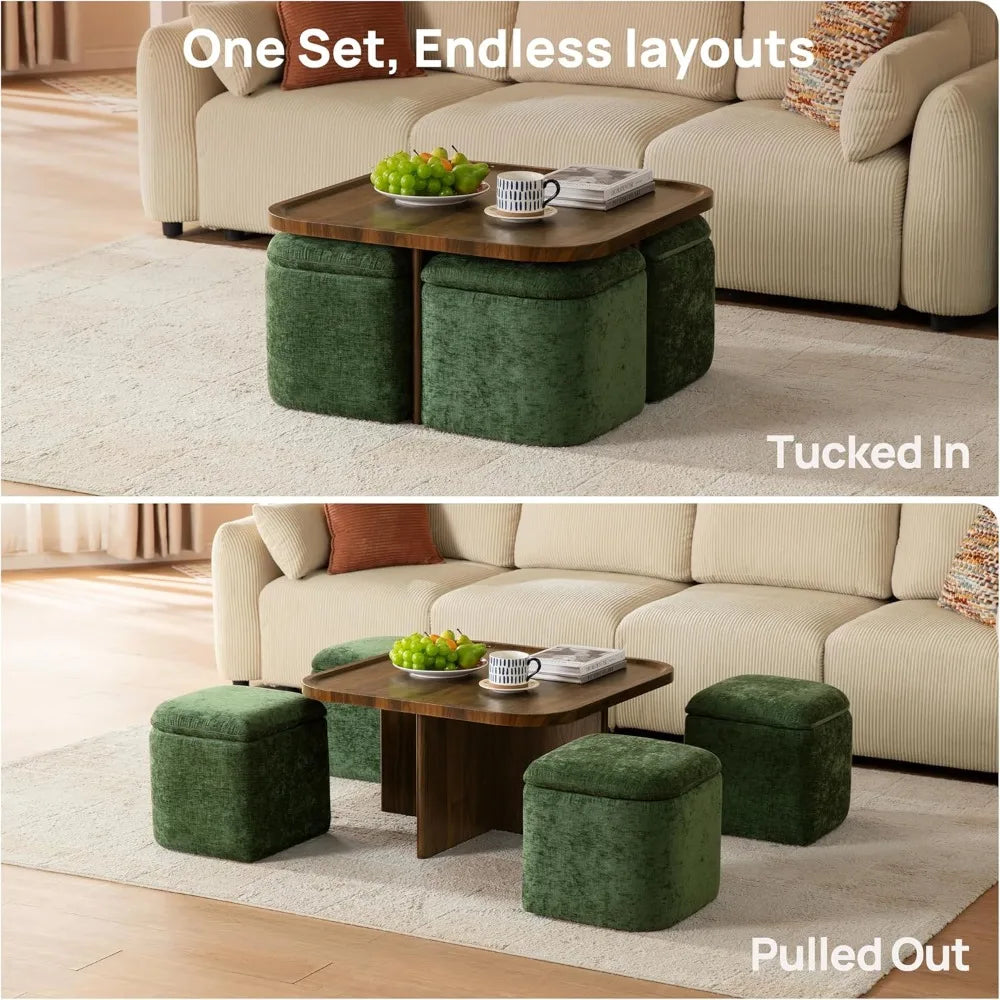 Mid-Century Modern Small Square Coffee Table with Storage + 4 Chenille Ottomans (Living Room/Small Space)
