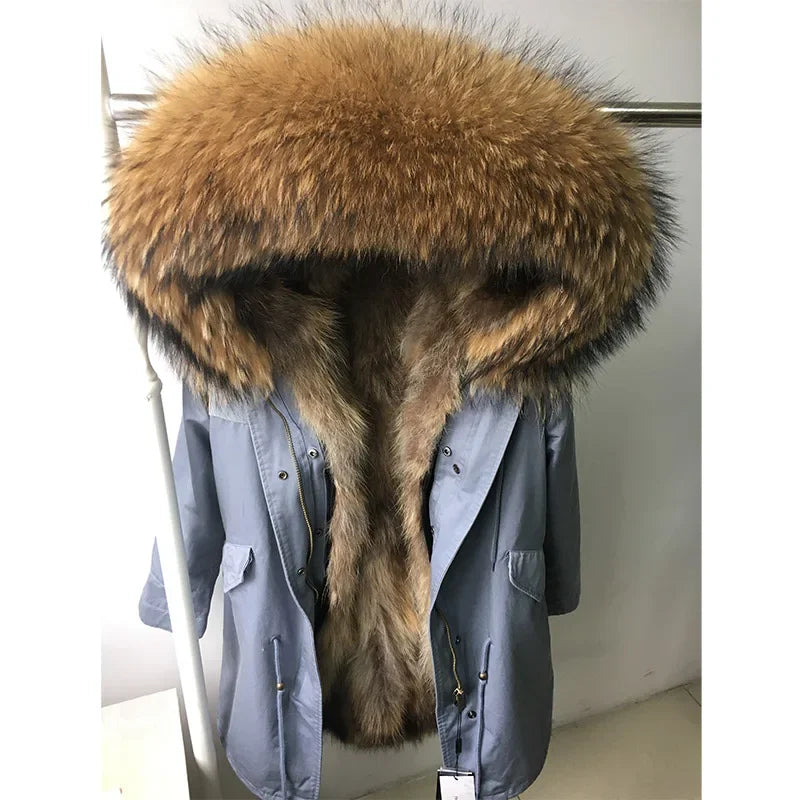 Maomaokong Winter Women's Fur Jacket Long Outdoor Tops Real Fox Fur Collar Inner Fur Lining Parka Natural Silver Fox Women Coat