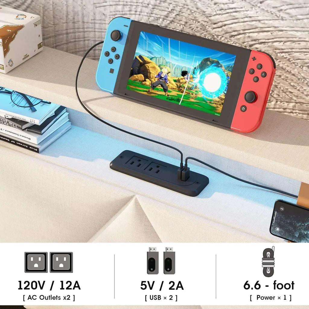 Vabches Bed Frame Queen with Storage Headboard&4 Drawers Upholstered Platform Bed Frame with Charging Station&LED Lights Bedroom