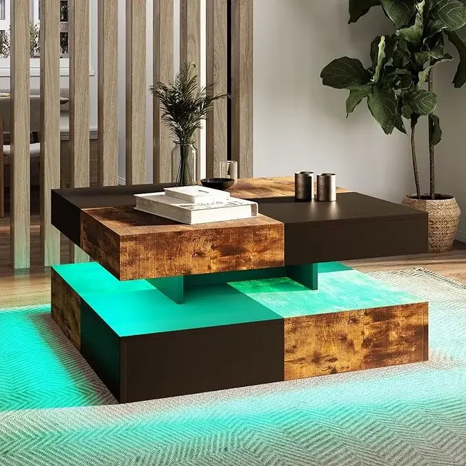 LED Coffee Table with 2 Storage Drawers for Living Room Square Center Middle Table Modern Cocktail Table with Light