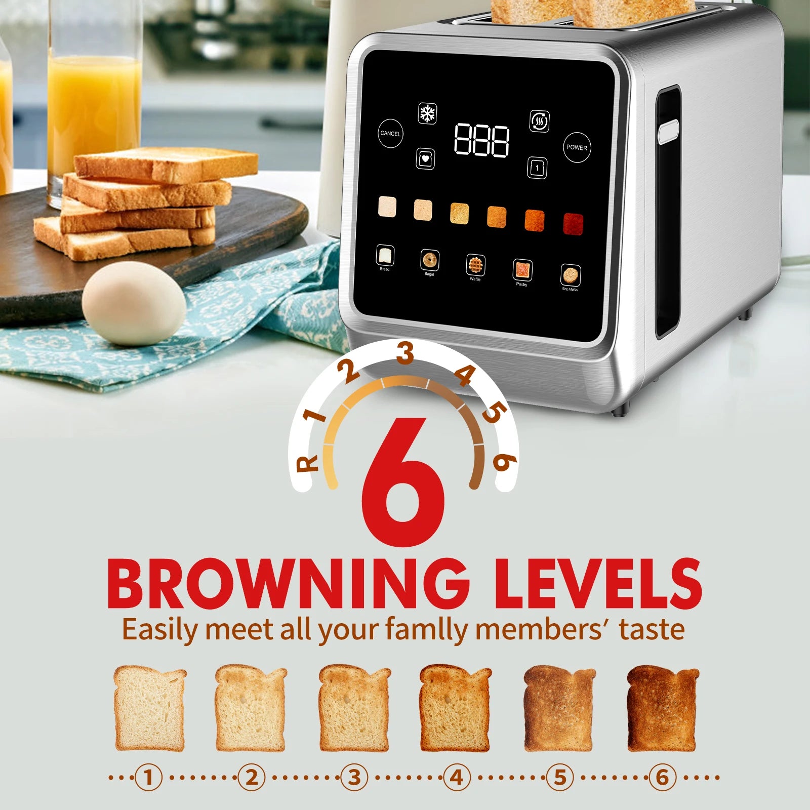 Smart Toaster with LCD Display, Beinilai 2 Slice Stainless Steel Digital Timer Bread Toasters 6 Bread Types& 6 Shade Settings