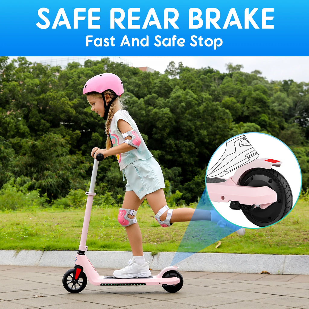 Electric Scooter Max 6 MPH Power 120W Rear Motor For Kid Age 6-12 Child Commuting E-Scooter With Adjustable Height & Deck Light
