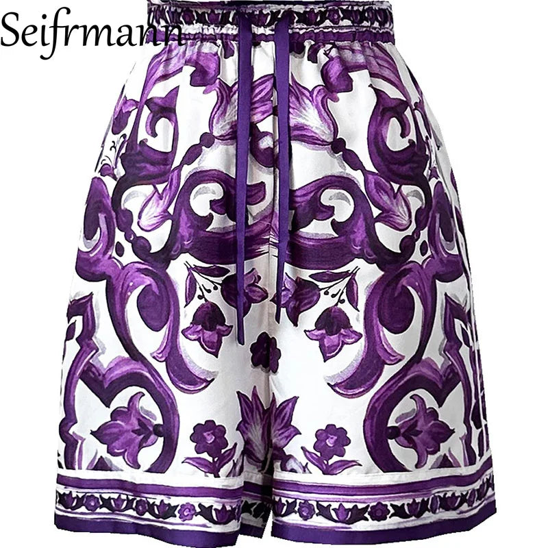 Seifrmann Women's Elegant Party Suit Sexy Spaghetti Strap Backless Slim Tops+Casual Pleated Skirt Print Cotton Two-piece set