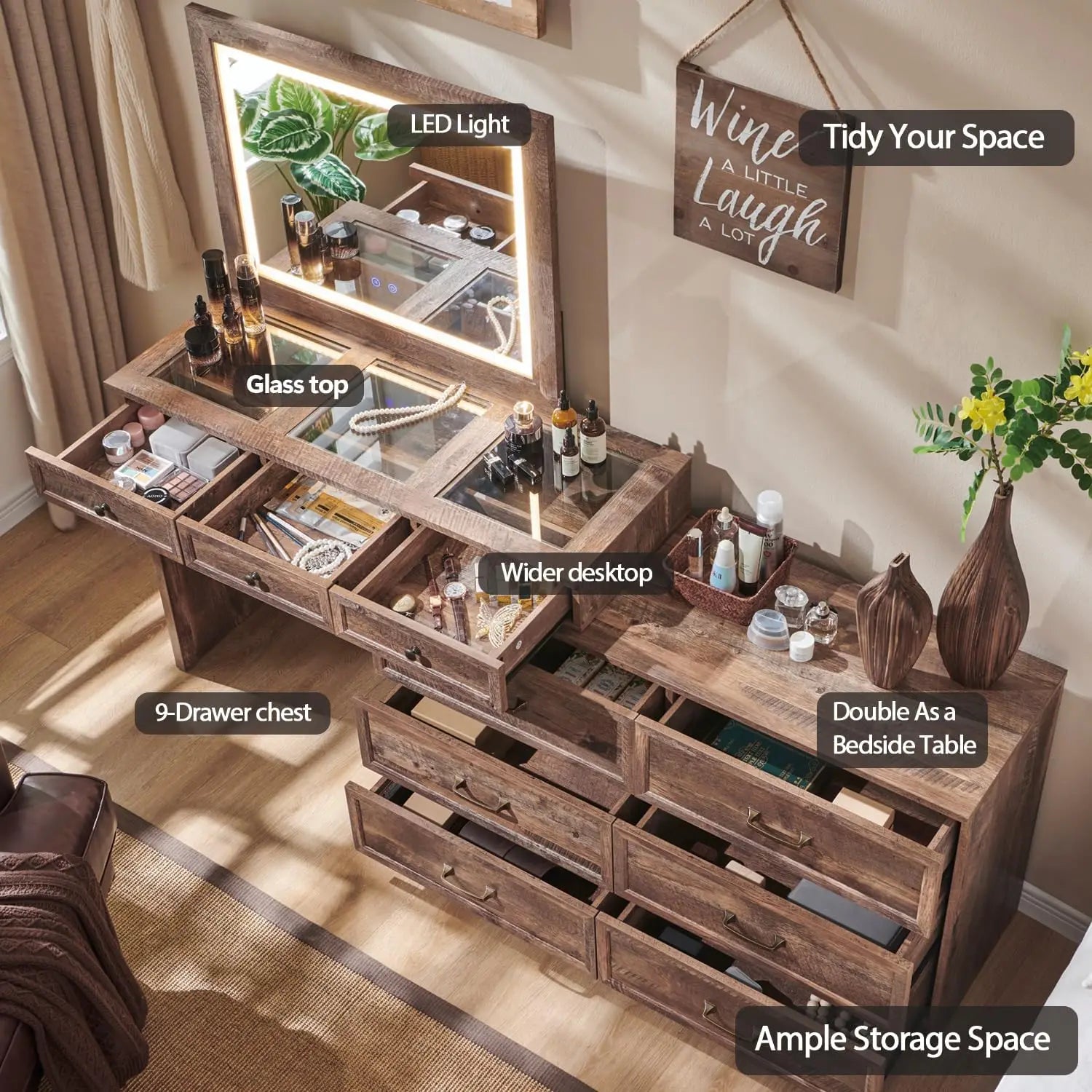 69" W rustic wood bedroom dresser with glass top, 9 large storage drawers, 3 color usable lights and 30 "HD Led mirror