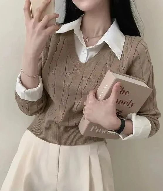 Korean Chic Spring and Autumn Age-Reducing Sweaters Retro Temperament Preppy Fake Two Pieces Shirts Twist Knit Women's Y2k Tops