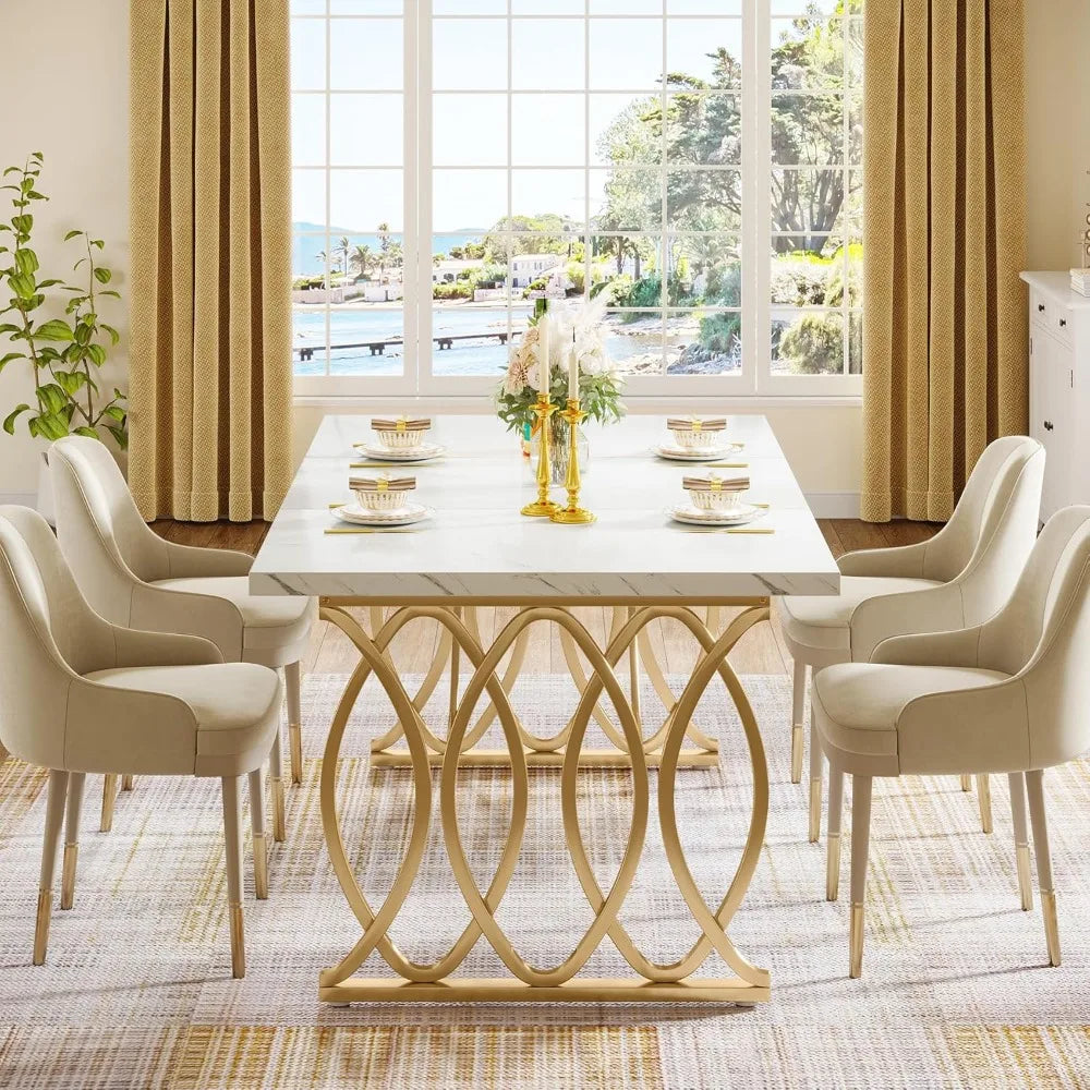 Modern Dining Table for 4-6 People, 63" Large Rectangular Kitchen Table with Faux Marble Tabletop and Gold Geometric Legs