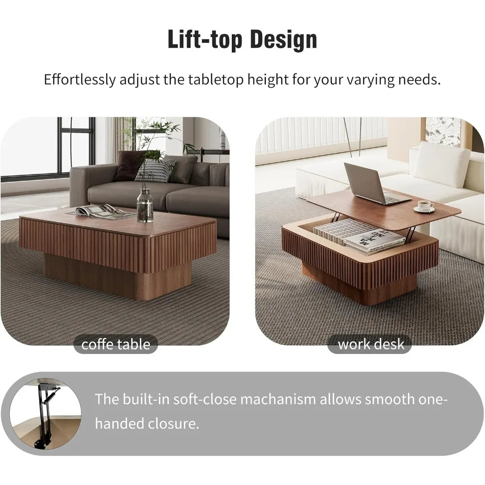 38.6" Square Lift Top Coffee Table, Modern Fluted Tea Table with Hidden Storage for Living Room, Apartment or Office