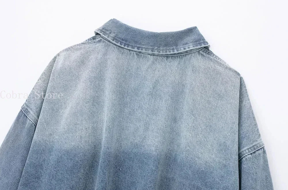 Women's Long Sleeve Denim Mini Dress with Pocket, Lapel Collar, Front Zipper, Oversized Dresses, Female Fashion