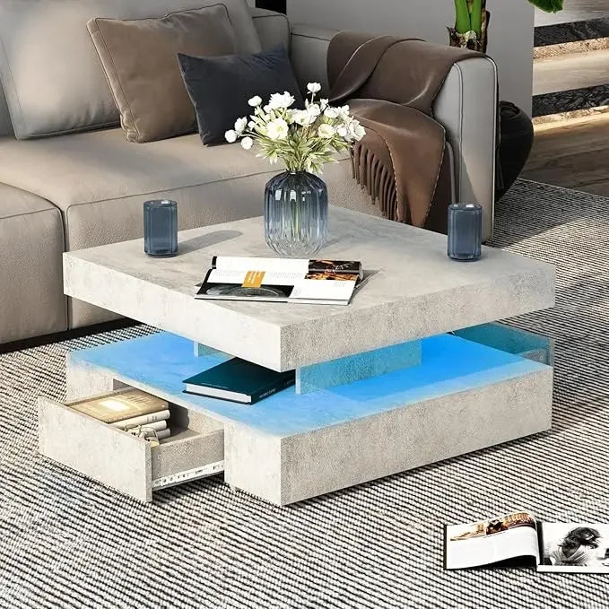 LED Coffee Table with 2 Storage Drawers for Living Room Square Center Middle Table Modern Cocktail Table with Light