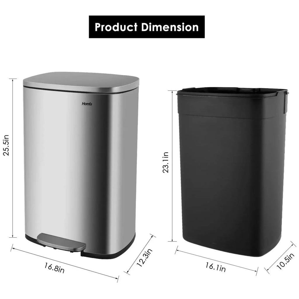Step Kitchen Trash Can, Stainless Steel 50 Liter Trashcan for Home Office Bedroom Garage Living Room Bathroom
