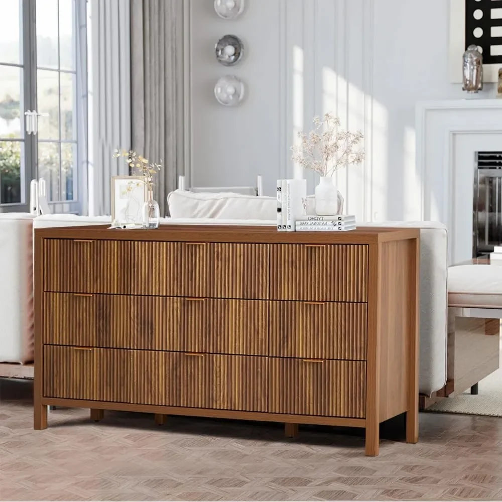 Mid Century Modern Dresser TV Stand, 9 Drawer Dresser for Bedroom Wood, Farmhouse Boho Storage Cabinet Side Table with Solid Nat