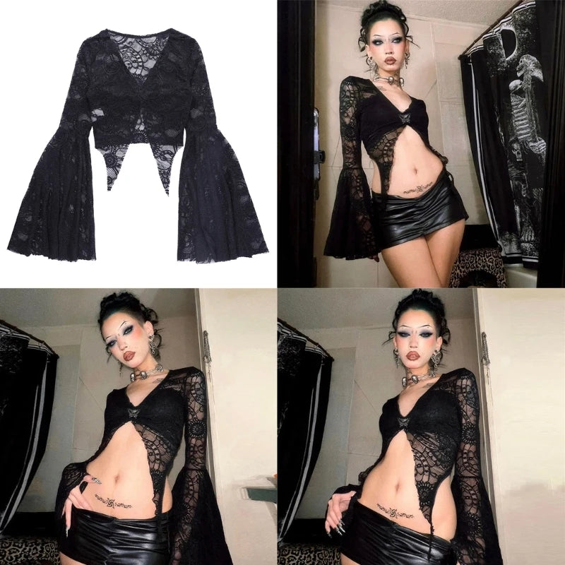 Black Mesh T-shirt Long Sleeved Gothic Black Lace Punk Tops Flared Sleeves Streetwear Y2K Vintage Women Outwear