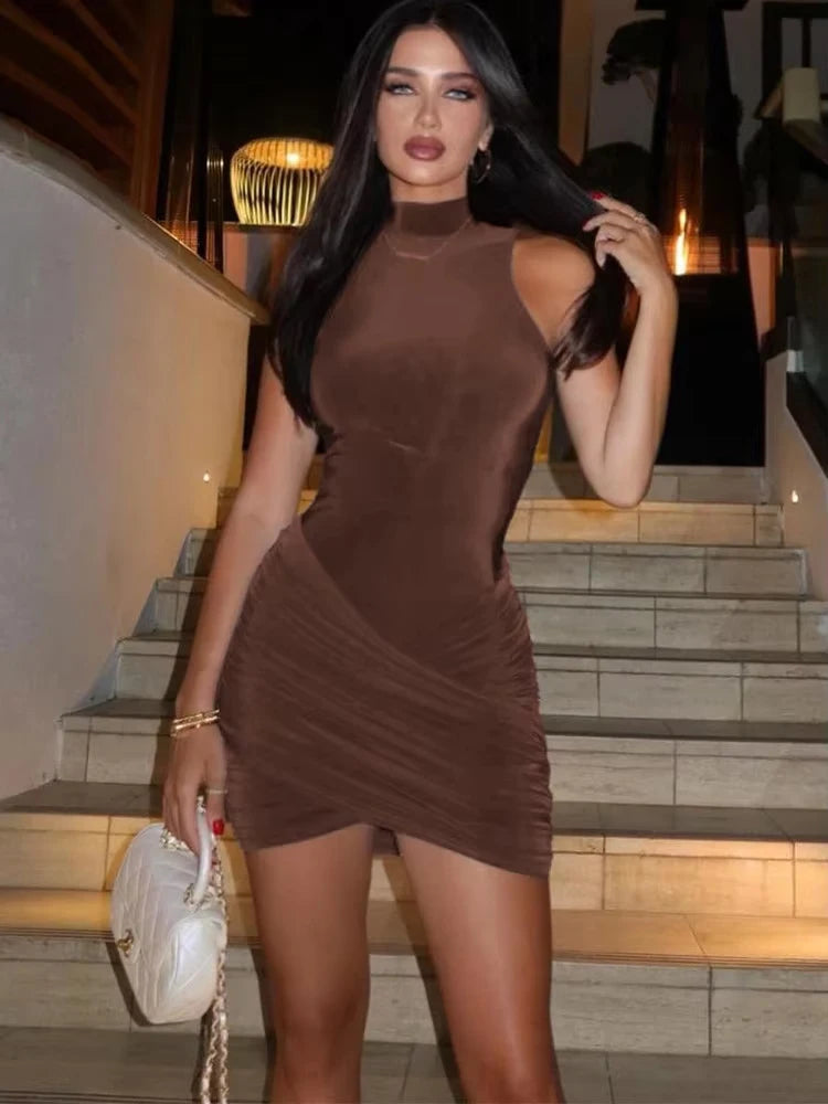 nibber Cross Ruffles Mini Dress Woman Summer Sexy Solid Half High Collar Sleeveless Trend Chic Party Clubwear Skinny Bodycon