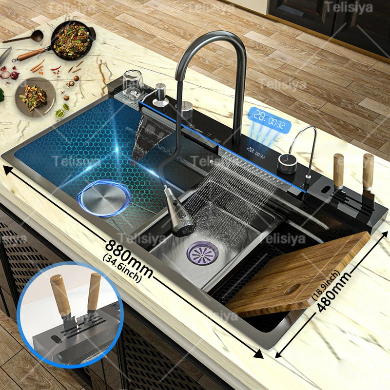 Stainless Steel Kitchen Sink With Waterfall Single Bowl Digital Display Extra Large Slot Multifunctional Washing Sinks