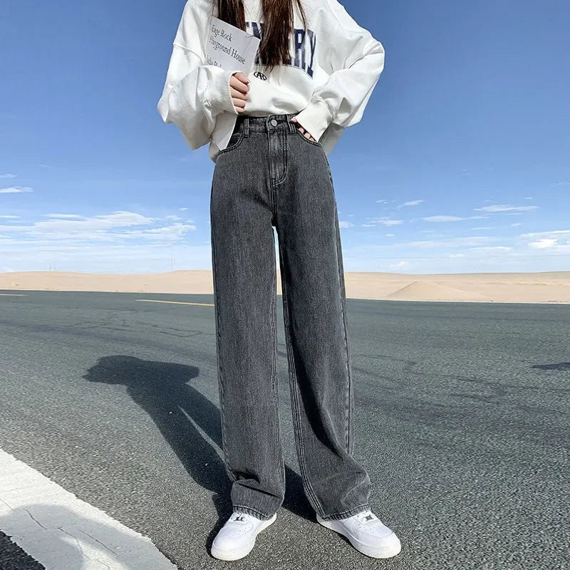Korean Style High-waisted Slimming Wide-leg Jeans For Women 2021 Autumn New Versatile Loose-fit Straight-leg Floor Pants