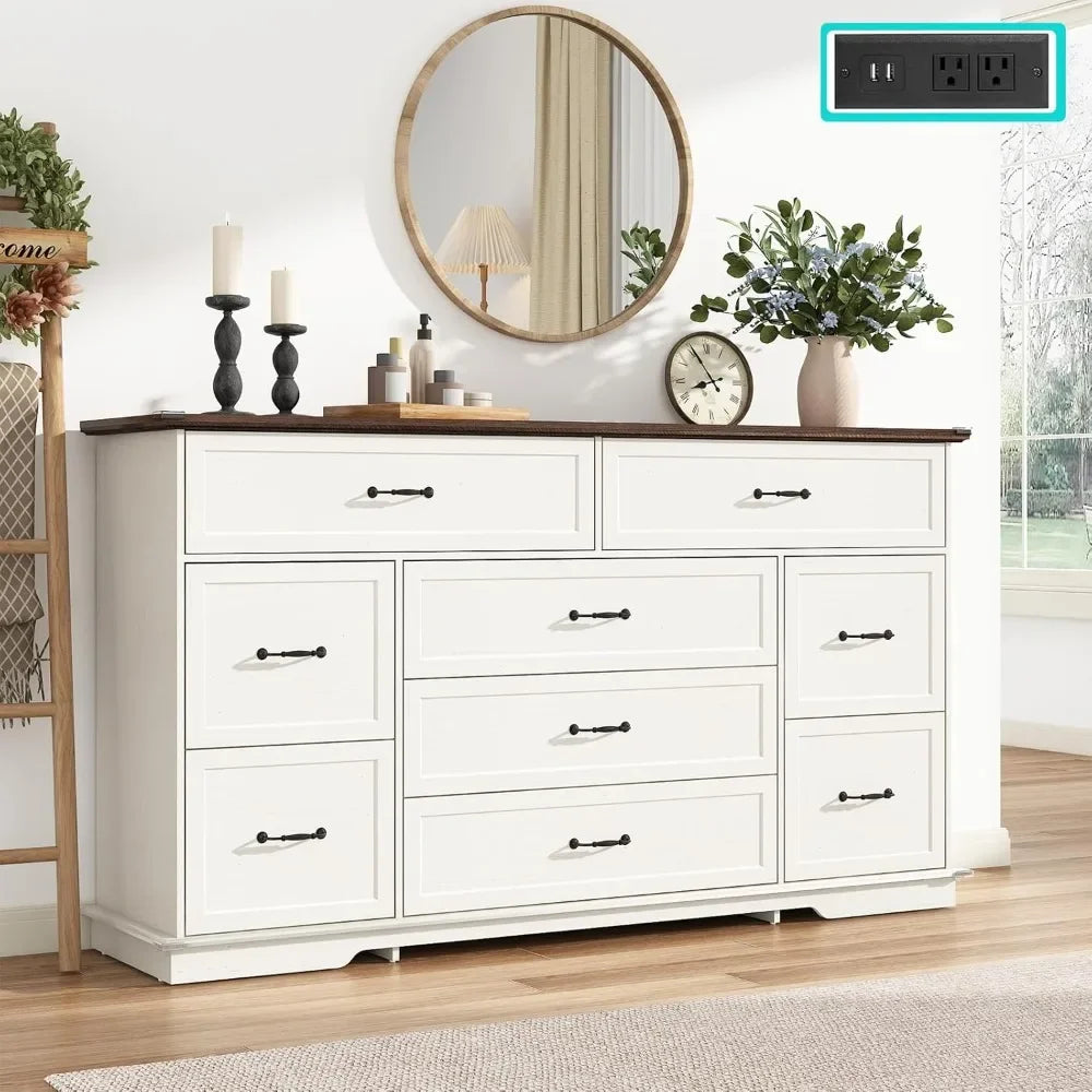 Farmhouse 9 Drawer Dresser for Bedroom,63” Wood Dresser & Chest of Drawers with Power Outlets,Large & Wide Dressers for Bedroom,