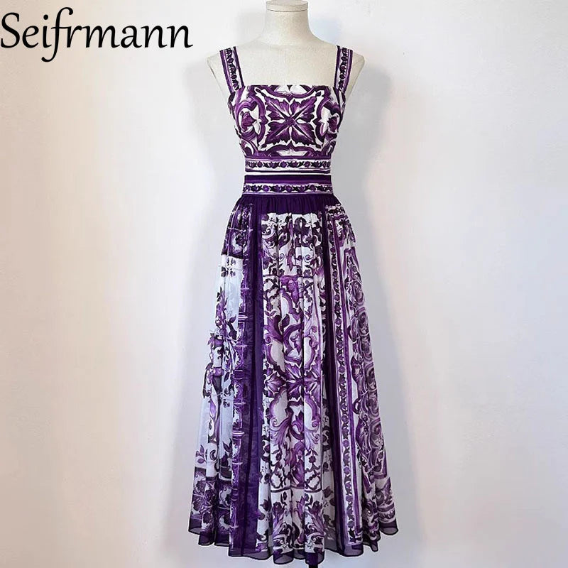 Seifrmann Women's Elegant Party Suit Sexy Spaghetti Strap Backless Slim Tops+Casual Pleated Skirt Print Cotton Two-piece set