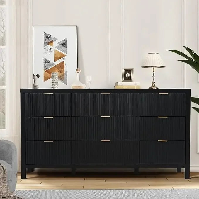 Mid Century Modern Dresser TV Stand, 9 Drawer Dresser for Bedroom Wood, Farmhouse Boho Storage Cabinet Side Table with Solid Nat