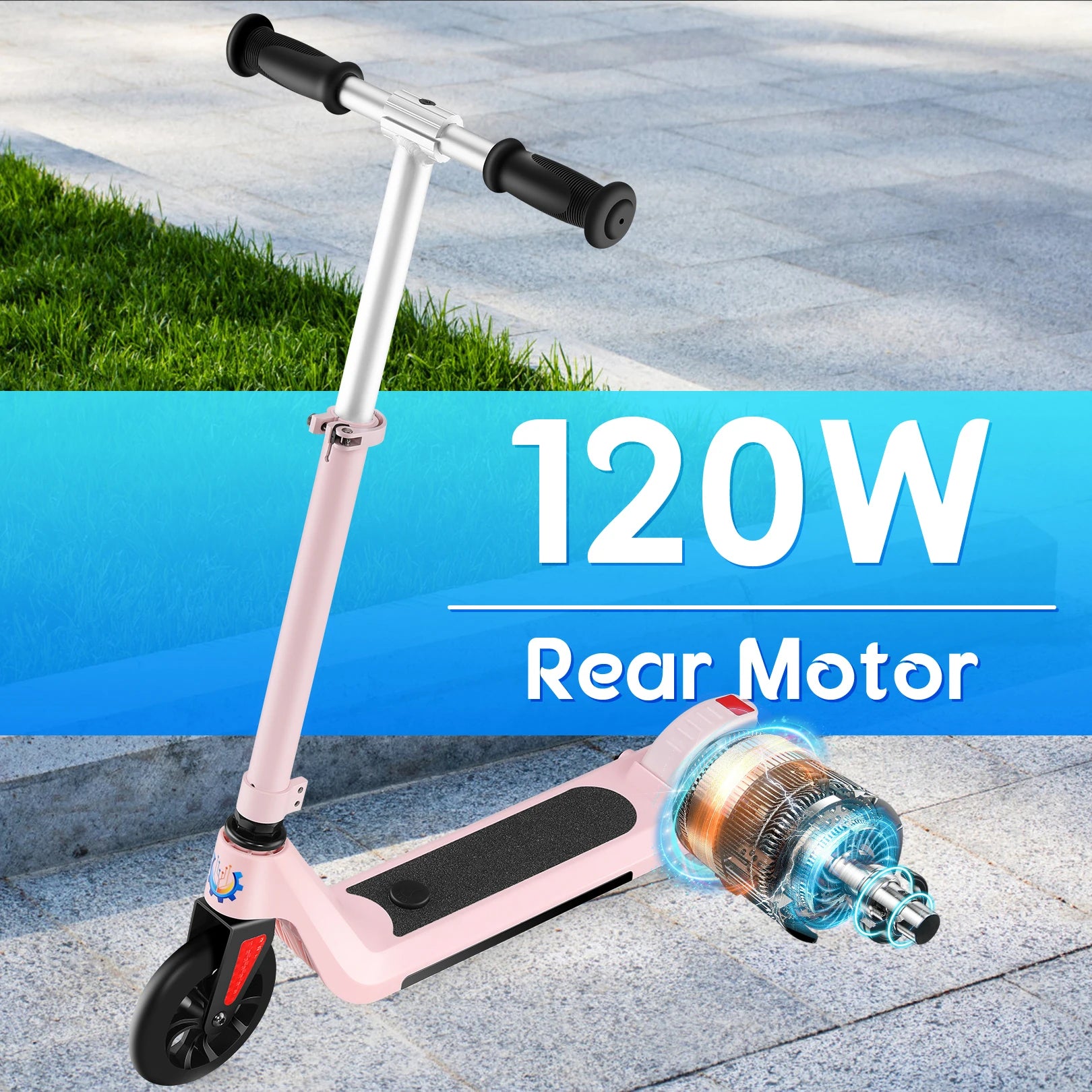 Electric Scooter Max 6 MPH Power 120W Rear Motor For Kid Age 6-12 Child Commuting E-Scooter With Adjustable Height & Deck Light