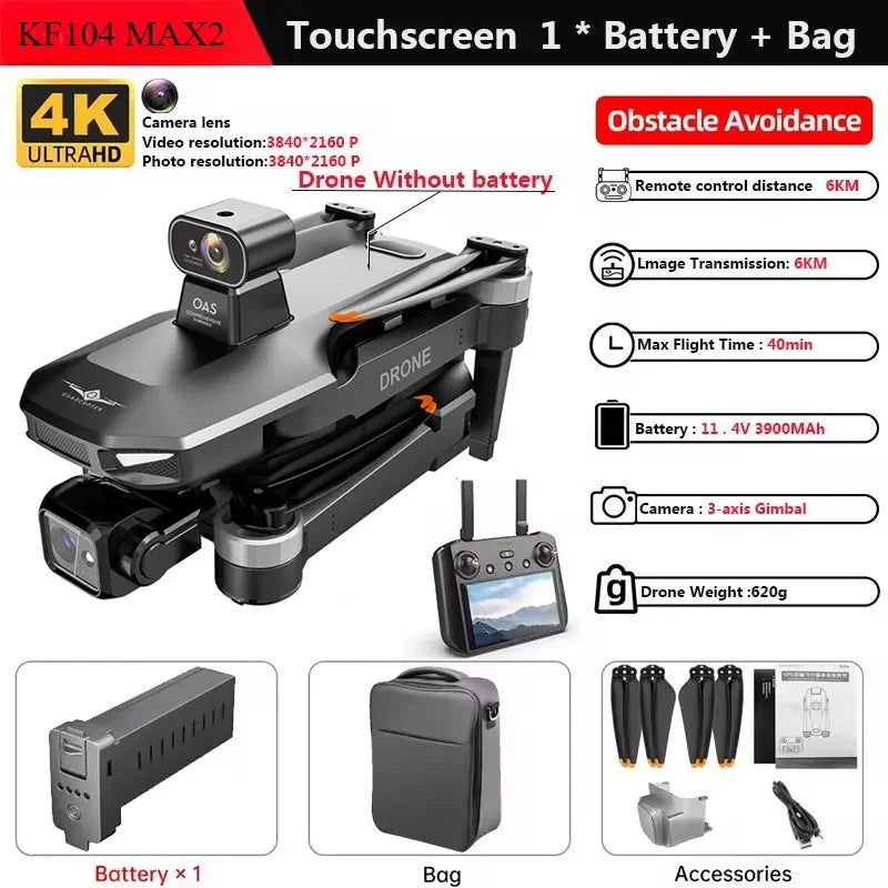 KF104 MAX2 Screen Control Drone 3-Axis Brushless Enhanced Pan Tilt+EIS Electronic Stable HD Camera Laser Obstacle Avoidance Dron