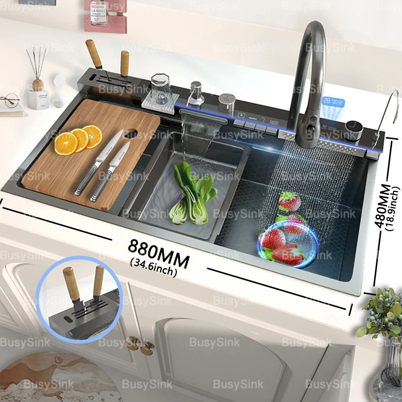 Stainless Steel Kitchen Sink With Waterfall Single Bowl Digital Display Extra Large Slot Multifunctional Washing Sinks