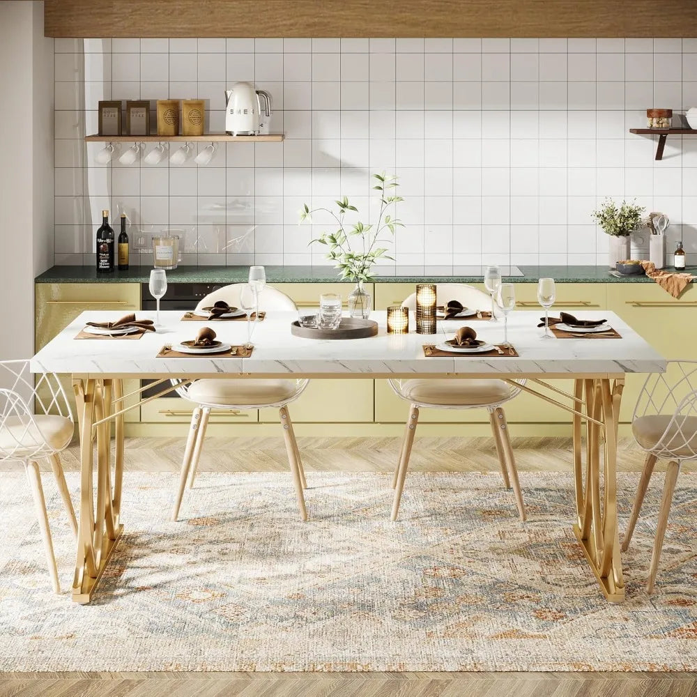 Modern Dining Table for 4-6 People, 63" Large Rectangular Kitchen Table with Faux Marble Tabletop and Gold Geometric Legs