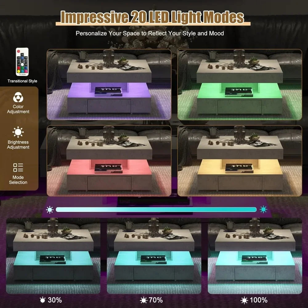 LED Coffee Table with 2 Storage Drawers for Living Room Square Center Middle Table Modern Cocktail Table with Light