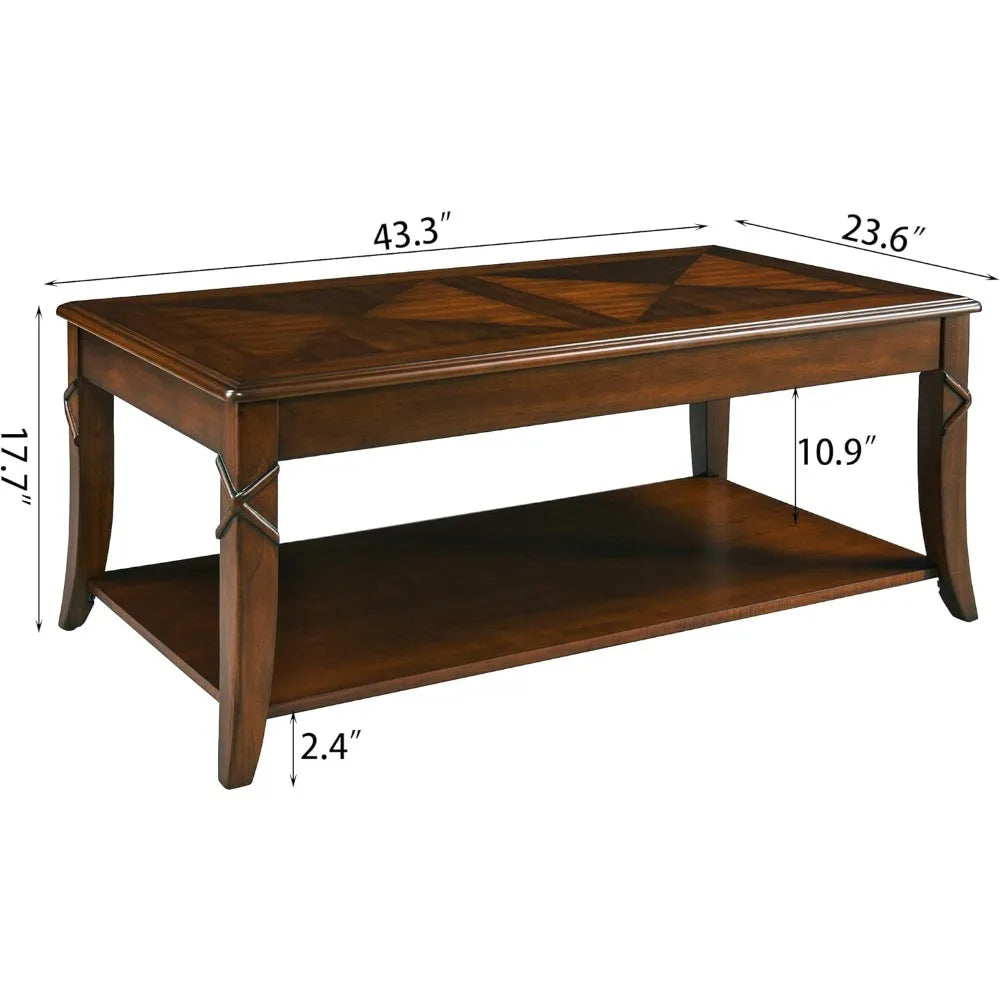 "3-PC Mid-Century Coffee Table Set - Solid Wood with Storage Shelf, Cherry Walnut for Living Room"