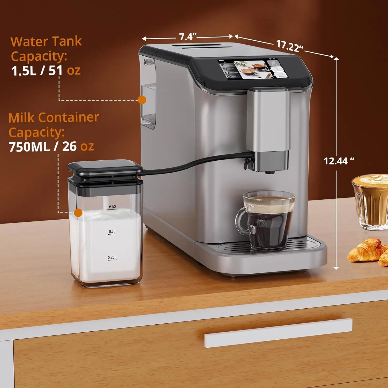 TFT Touch Screen Automatic Espresso Machine, 20 Bar Coffee Machine With Grinder, Espresso Maker With Automatic Milk Frother
