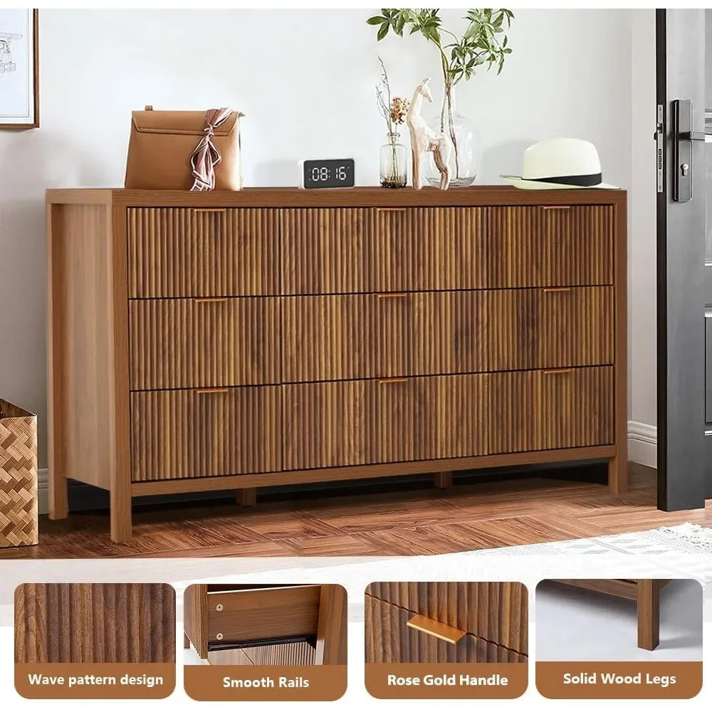 Mid Century Modern Dresser TV Stand, 9 Drawer Dresser for Bedroom Wood, Farmhouse Boho Storage Cabinet Side Table with Solid Nat