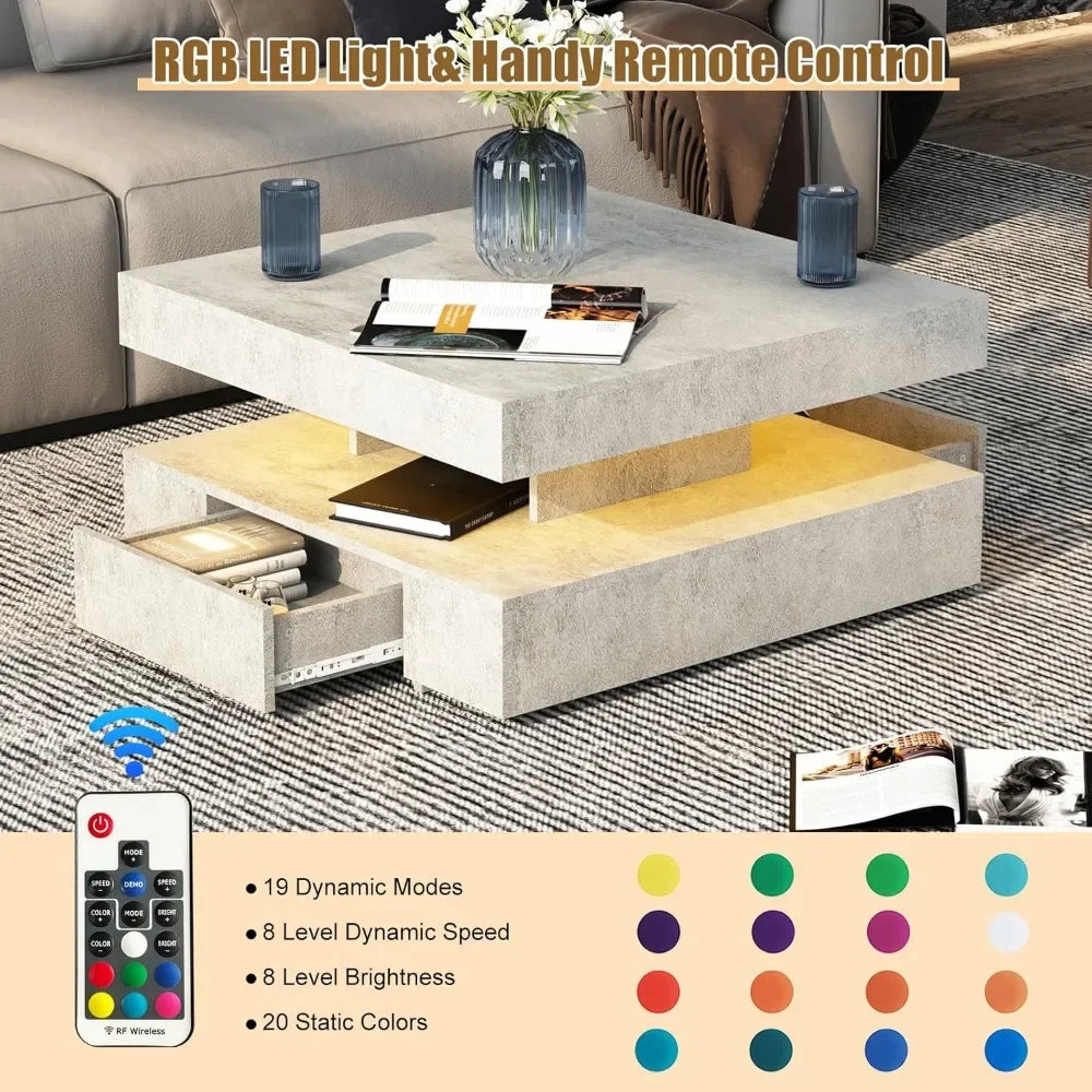 LED Coffee Table with 2 Storage Drawers for Living Room Square Center Middle Table Modern Cocktail Table with Light