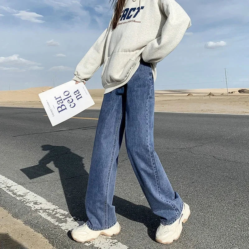 Korean Style High-waisted Slimming Wide-leg Jeans For Women 2021 Autumn New Versatile Loose-fit Straight-leg Floor Pants