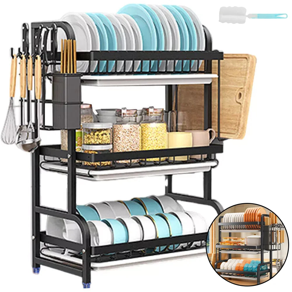 Dish Bowl Drainer Storage Rack with Utensil Holder Dish Drainer Metal Large Capacity Drainage Tube Kitchen Dish Rack Organizer