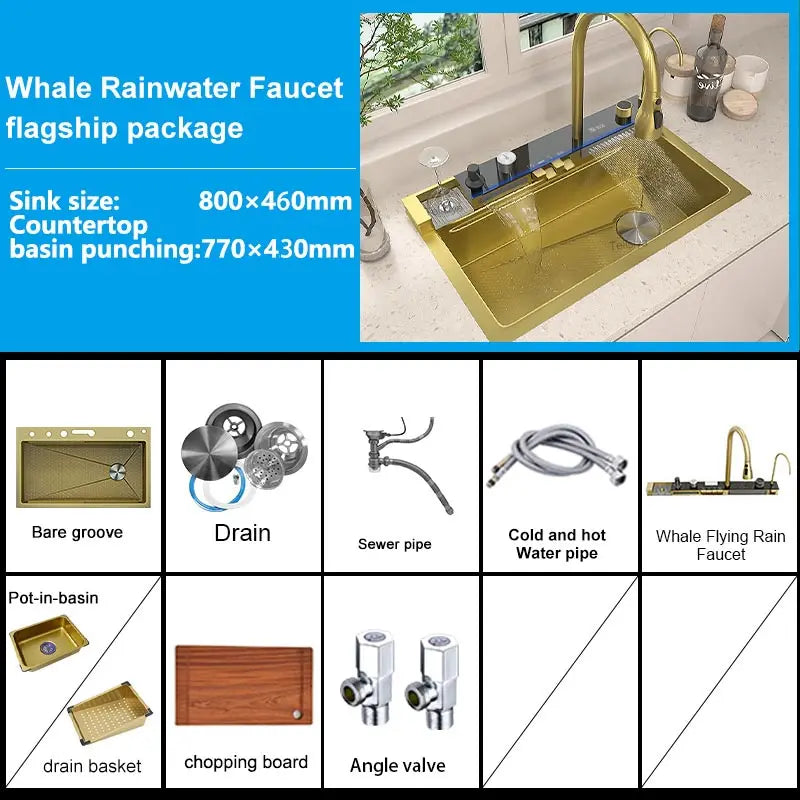 Golden Waterfall Kitchen Sink Stainless Steel Sink Embossed Digital Display Single Slot Apartment Gold Wash Basin
