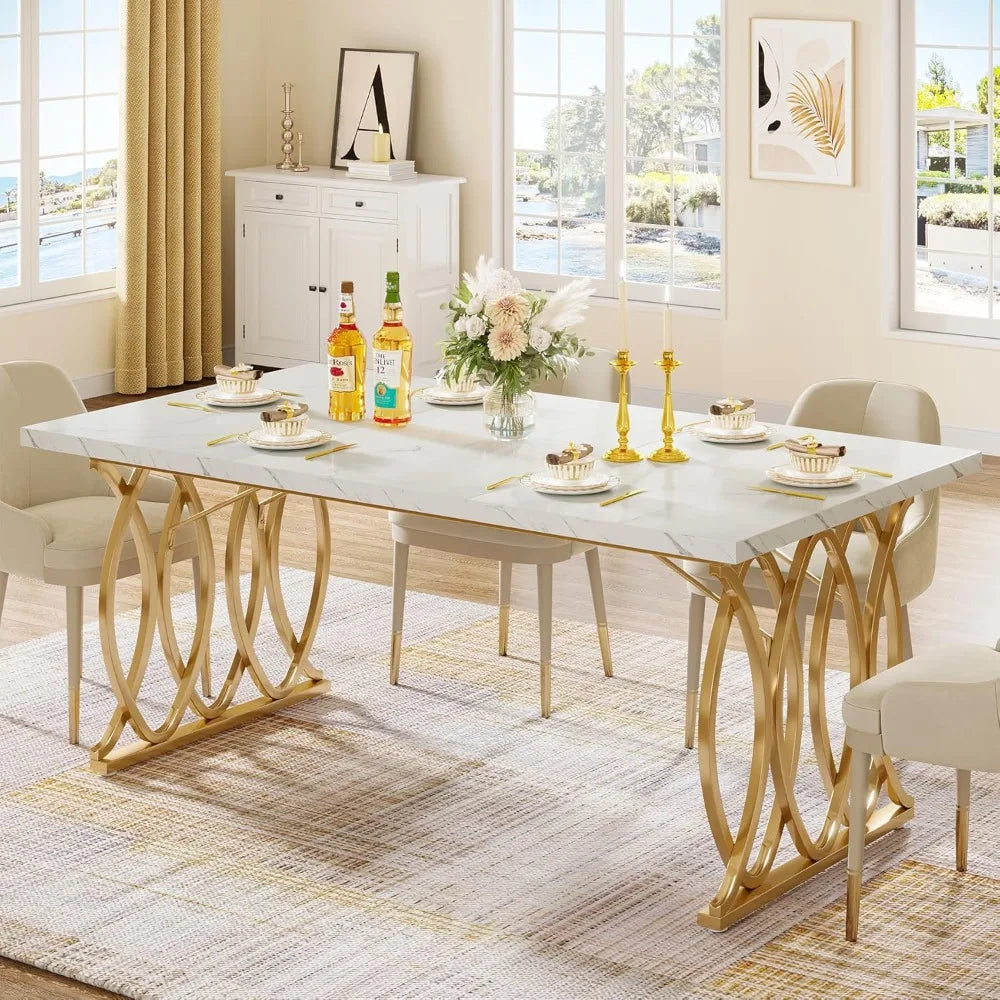 Modern Dining Table for 4-6 People, 63" Large Rectangular Kitchen Table with Faux Marble Tabletop and Gold Geometric Legs