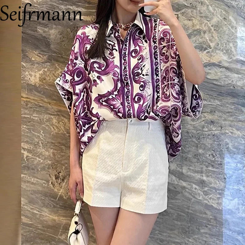 Seifrmann Women's Elegant Party Suit Sexy Spaghetti Strap Backless Slim Tops+Casual Pleated Skirt Print Cotton Two-piece set