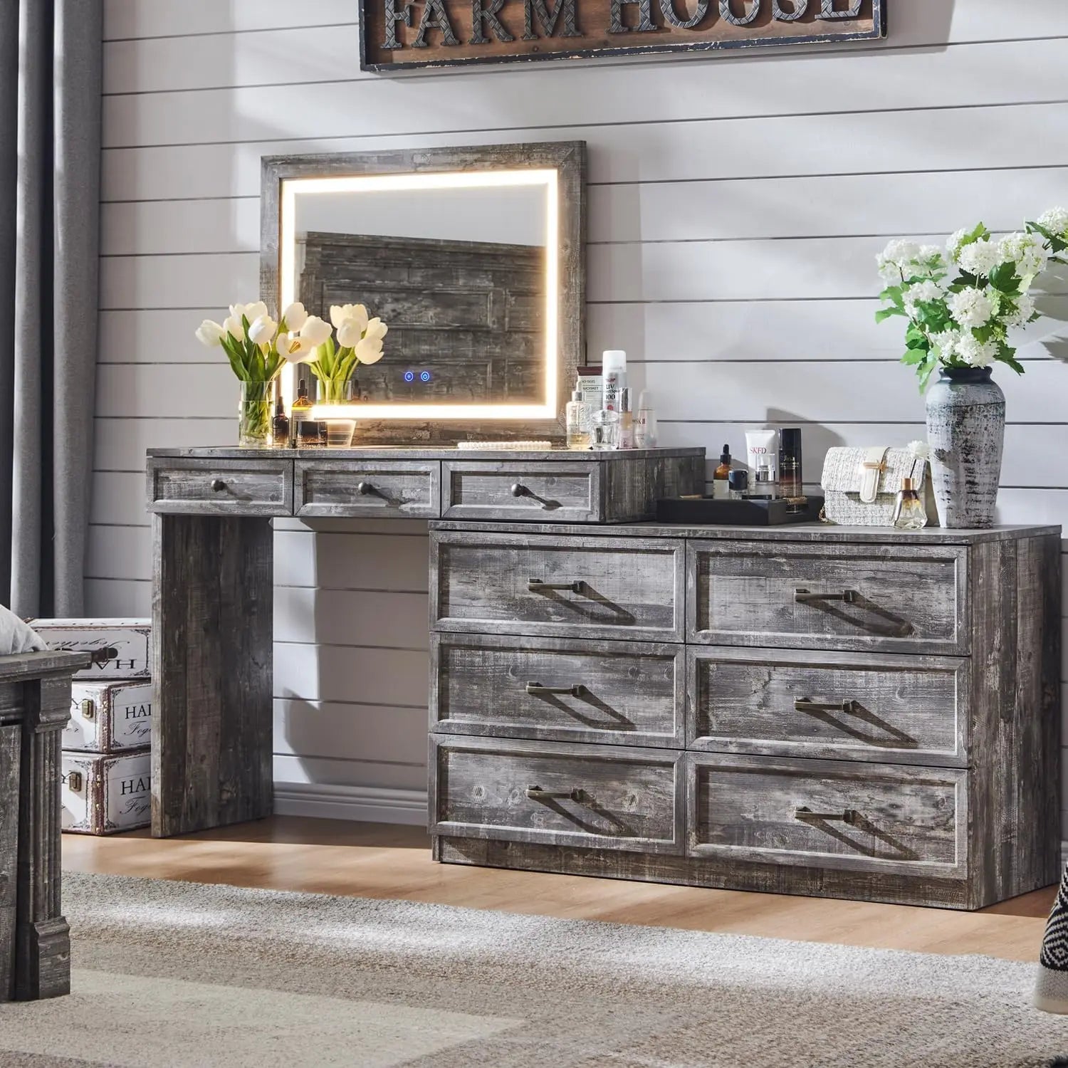 69" W rustic wood bedroom dresser with glass top, 9 large storage drawers, 3 color usable lights and 30 "HD Led mirror