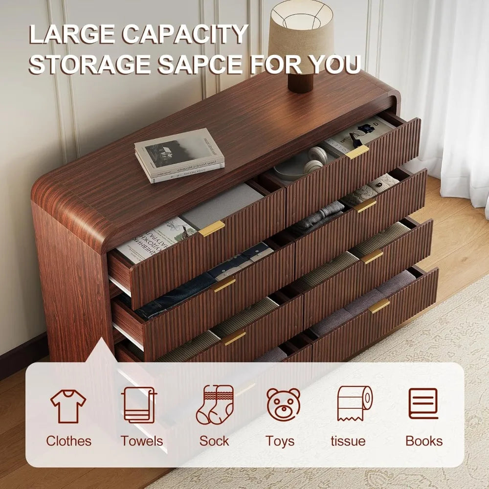 Fluted 8 Drawers Dresser for Bedroom, 55" Wide Wooden Dresser with Metal Handle, Curved Profile Design, Modern Storage