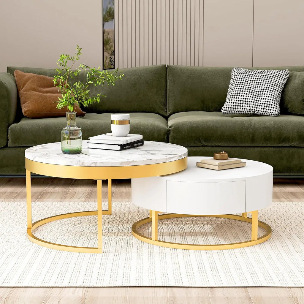 Modern Round Nesting Coffee Table with Drawers for Living Room in White