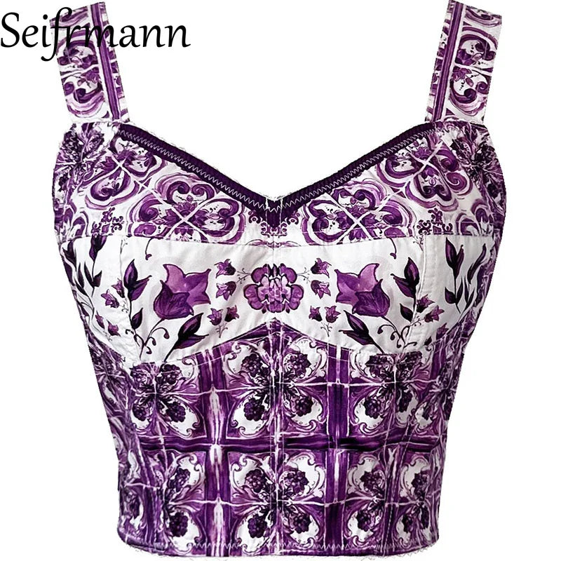 Seifrmann Women's Elegant Party Suit Sexy Spaghetti Strap Backless Slim Tops+Casual Pleated Skirt Print Cotton Two-piece set