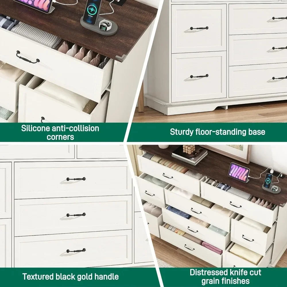 Farmhouse 9 Drawer Dresser for Bedroom,63” Wood Dresser & Chest of Drawers with Power Outlets,Large & Wide Dressers for Bedroom,