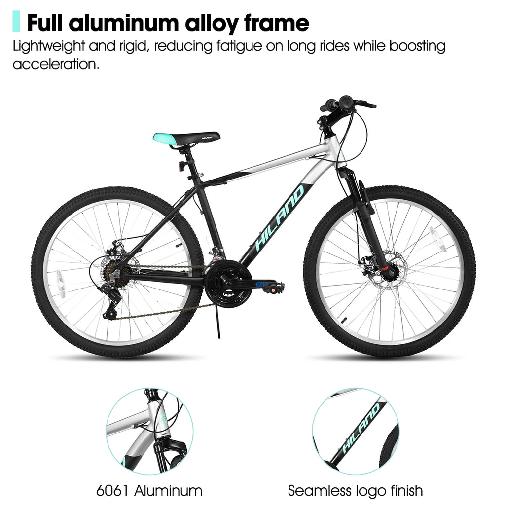 HILAND 26 27.5 Inch Men Student Aluminum Alloy Mountain Bike, 18 Speed Bike With Front And Rear Disc Brakes, Suspension Fork