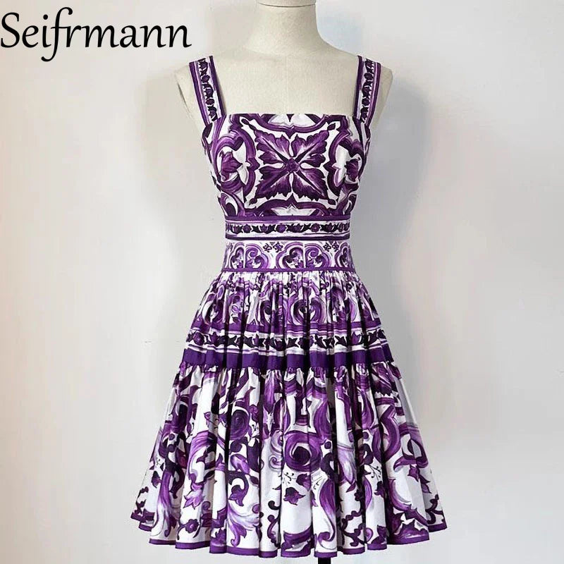 Seifrmann Women's Elegant Party Suit Sexy Spaghetti Strap Backless Slim Tops+Casual Pleated Skirt Print Cotton Two-piece set