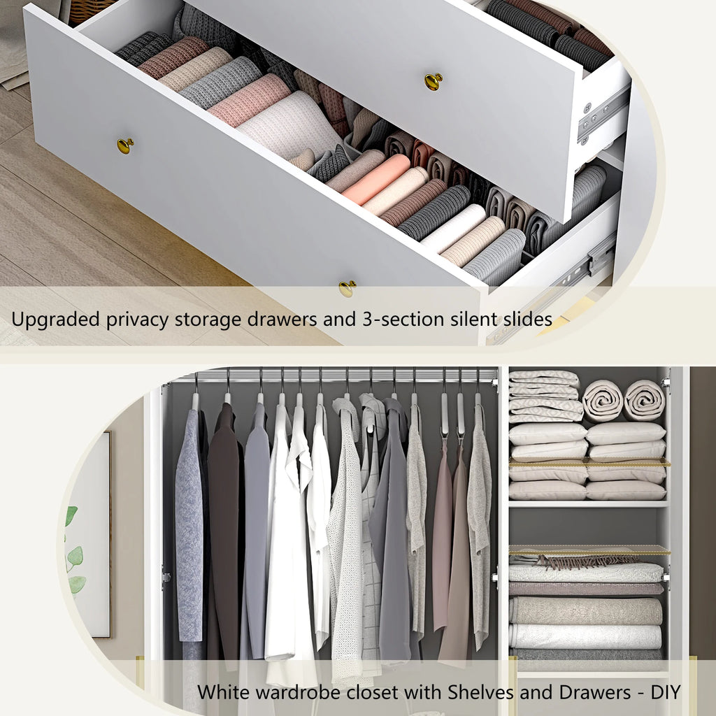 Modern Wooden Armoire Wardrobe Closet with Hanging Rod for Bedroom, 3 Door Wardrobe Closet with Mirror & LED Lights,White