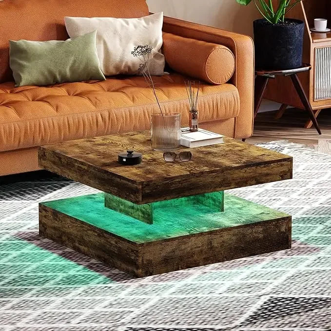 LED Coffee Table with 2 Storage Drawers for Living Room Square Center Middle Table Modern Cocktail Table with Light