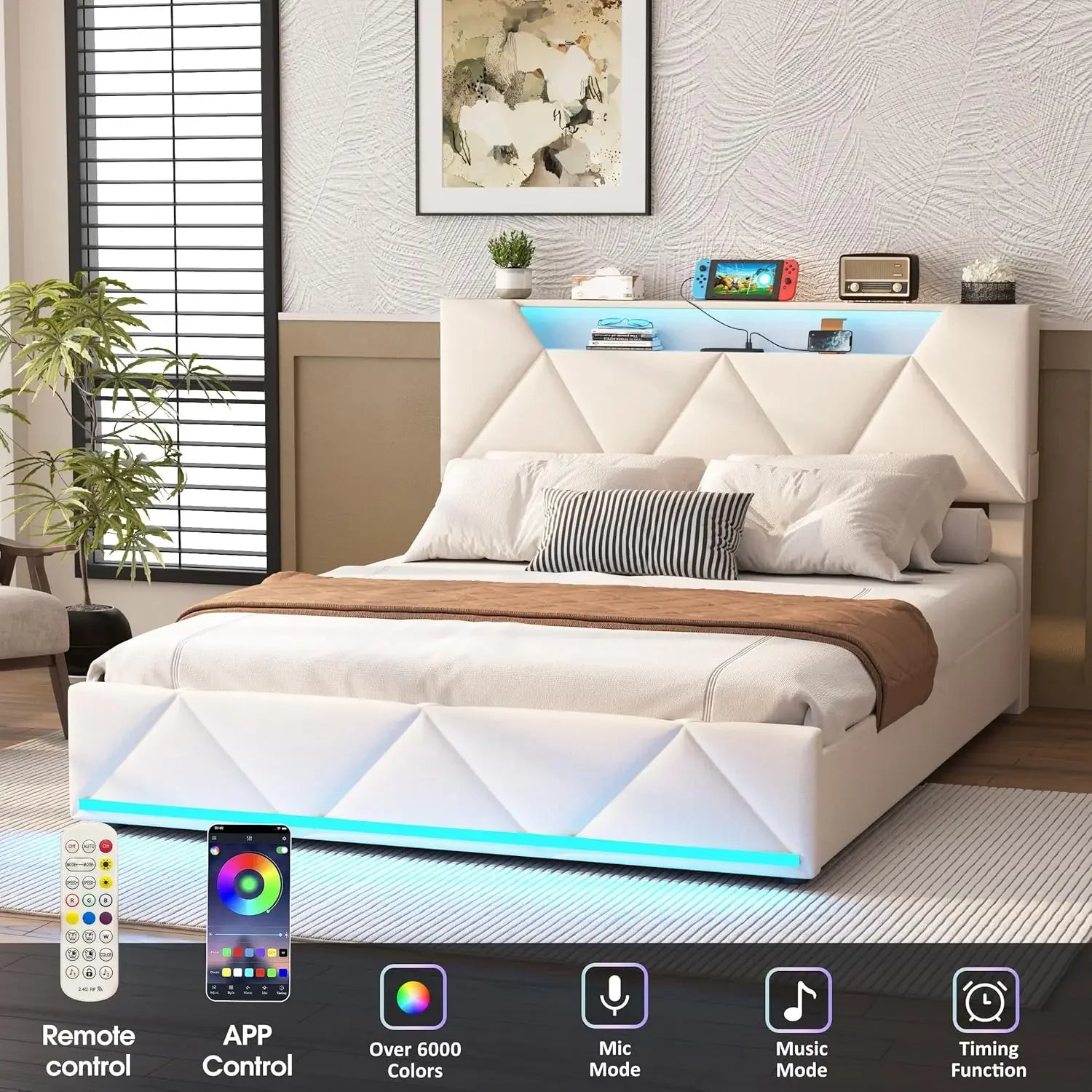 Vabches Bed Frame Queen with Storage Headboard&4 Drawers Upholstered Platform Bed Frame with Charging Station&LED Lights Bedroom