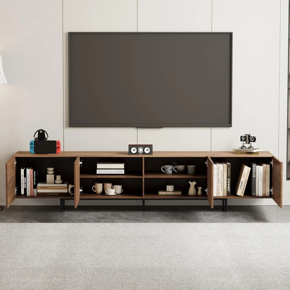 "Modern Walnut TV Console - Extendable for 75"+ Screens, Grille Doors & Drawers for Living Room/Bedroom"
