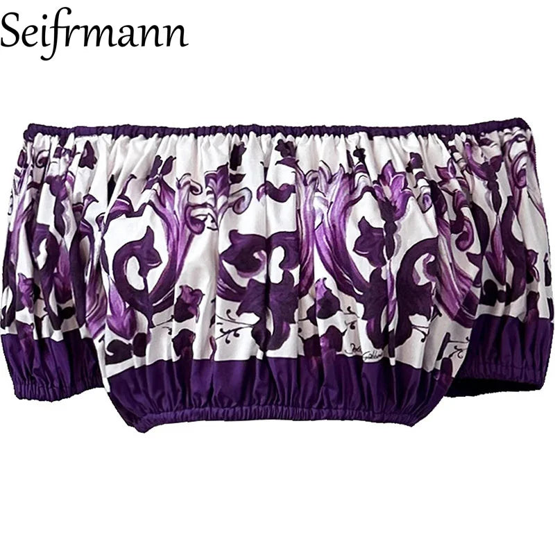 Seifrmann Women's Elegant Party Suit Sexy Spaghetti Strap Backless Slim Tops+Casual Pleated Skirt Print Cotton Two-piece set