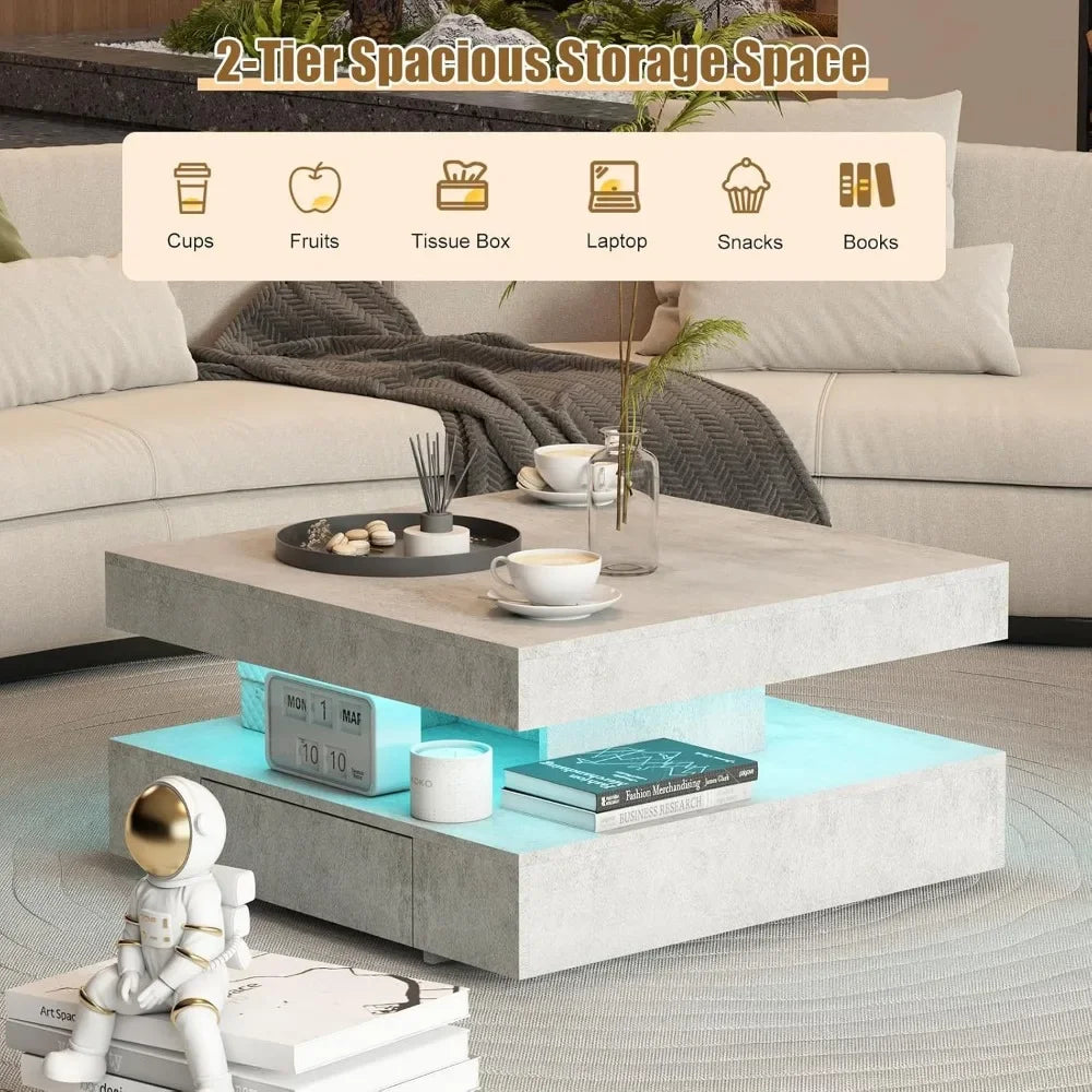 LED Coffee Table with 2 Storage Drawers for Living Room Square Center Middle Table Modern Cocktail Table with Light